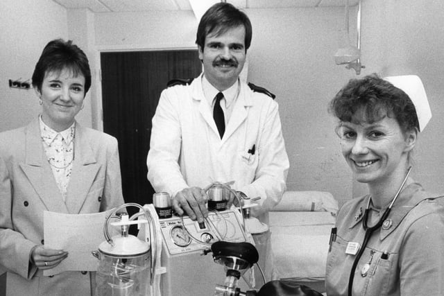 Management Services Director Lorraine Lambert, Charge Nurse Keith Taylor and staff nurse Gwen Gaskill wait for the first patient at the new Minor Injuries Unit in December 1988. Did you work there?