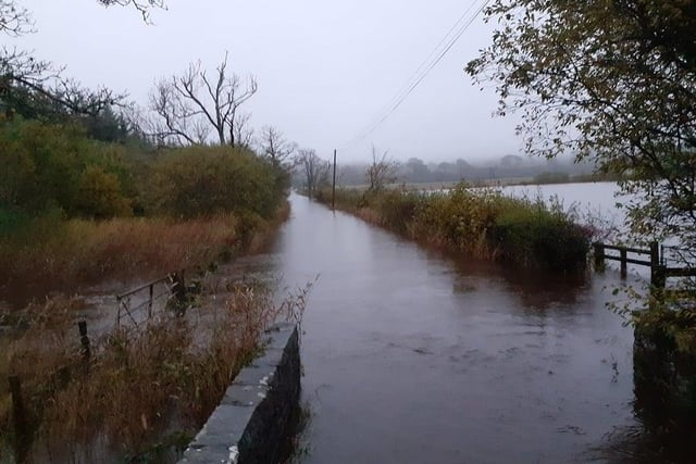 Flooding captured at the entrance to the RSPB Dumfries and Galloway Mersehead reserve, just off the A710.