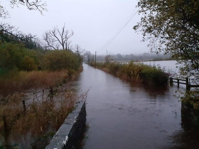 Flooding captured at the entrance to the RSPB Dumfries and Galloway Mersehead reserve, just off the A710.