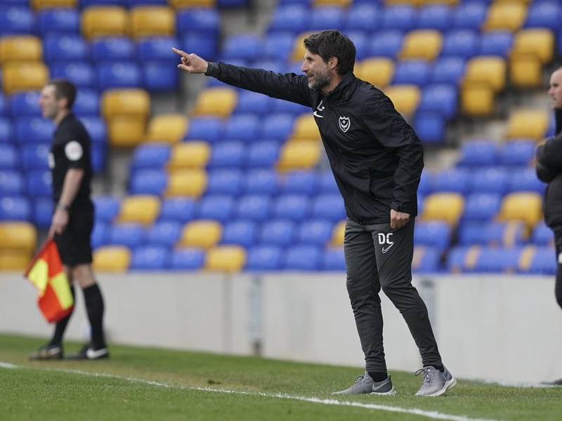 Pompey manager Danny Cowley issues instructions from the sidelines.
