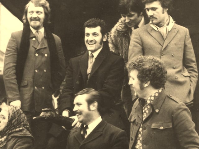 Sheffield band O'Haras Playboys on photo shoot for The Star's Top Star Special music magazine outside the Black Swan in 1967. Band member Bill Mathieson remembers: "The old lady sat down among us because her feet were sore, making us laugh". Back row: Bobby Campbell Pete Green, Billy Simpson and Bill Mathieson. Front: Davy McHarg and John O'Hara