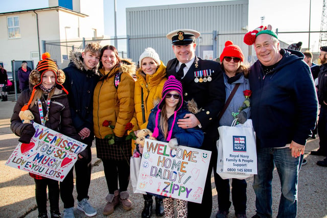 Wightman family with Chief petty officer Victor (Zippy) at HMS Diamond's homecoming. Picture: Habibur Rahman