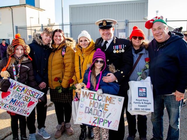 Wightman family with Chief petty officer Victor (Zippy) at HMS Diamond's homecoming. Picture: Habibur Rahman