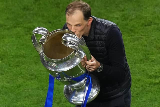 Chelsea manager Thomas Tuchel celebrates with the trophy after the UEFA Champions League final match held at Estadio do Dragao in Porto, Portugal. Picture date: Saturday May 29, 2021.