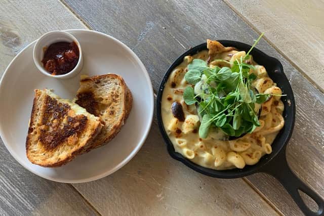 Grilled cheese and Mac and Cheese dish