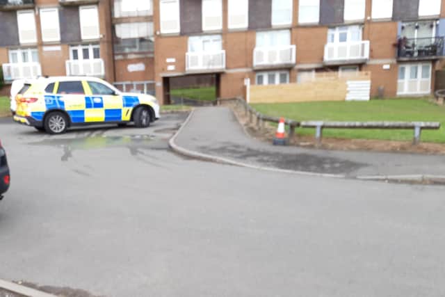 This was the scene at Bowshaw Close, Batemoor, today, as work to bring the street back to normal went ahead after a police murder investigation.. A police patrol is pictured  visiting the site this morning.