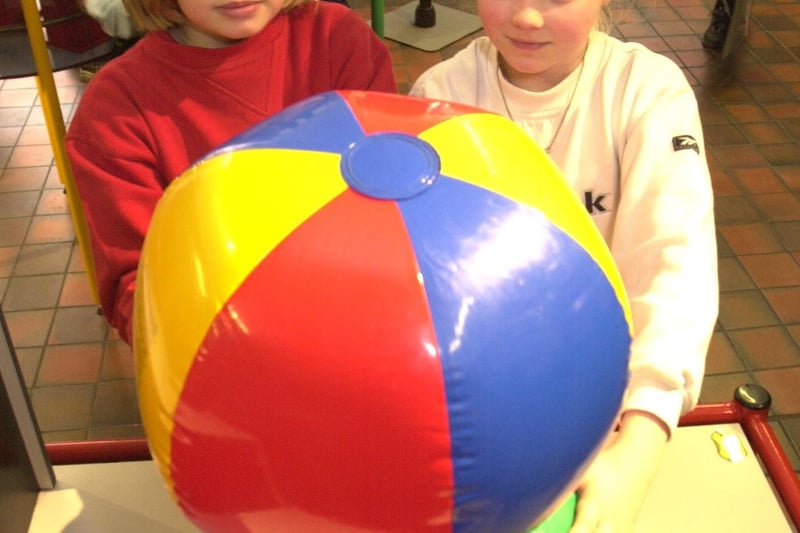 Pictured at the Kelham Island Museum, Alma Street, Sheffield in March 2001 where  Natalie Cutts and Vicky Ross from Concord Junior school, Sheffield  are seen with  beach balls on a column of air  just one of the many science items on display for pupils as part of science week.