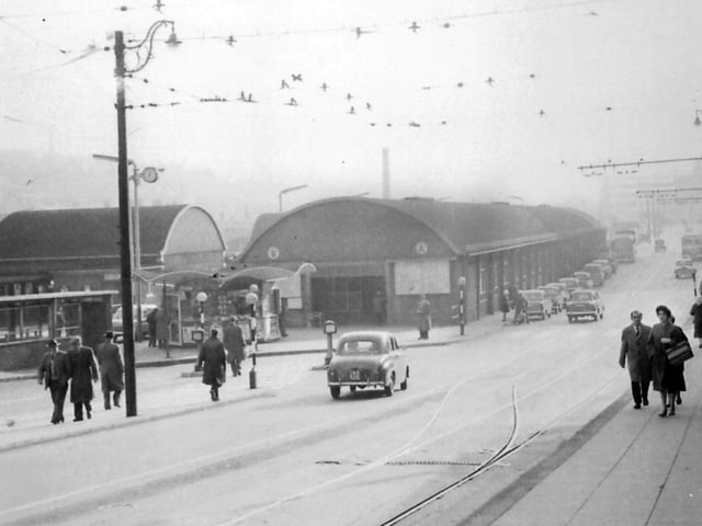 Pond Street Bus Station during the Sheffield bus and tram strike in 1959. Photo by Ray Mawhood