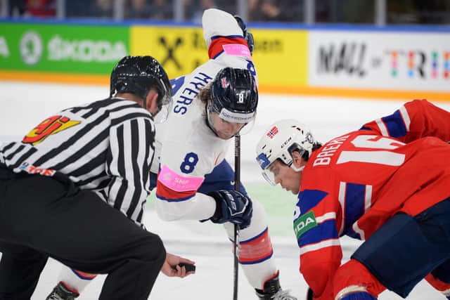 Face-off in the match between Great Britain and Norway. Picture: Dean Woolley