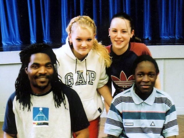 Dance group Siyaya took Black History Month celebrations into Firth Park Community College in 2002. Deana Kemp and Roxanne Talbot are pictured back row (left to right) getting some tips on how to play the drums from Tawanda Moyo of Siyaya and Jerome Whyte (both front row)