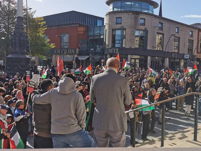 A protest rally in support of the people of Gaza held outside Sheffield City Hall on Saturday, October 16. Picture: Julia Armstrong, LDRS
