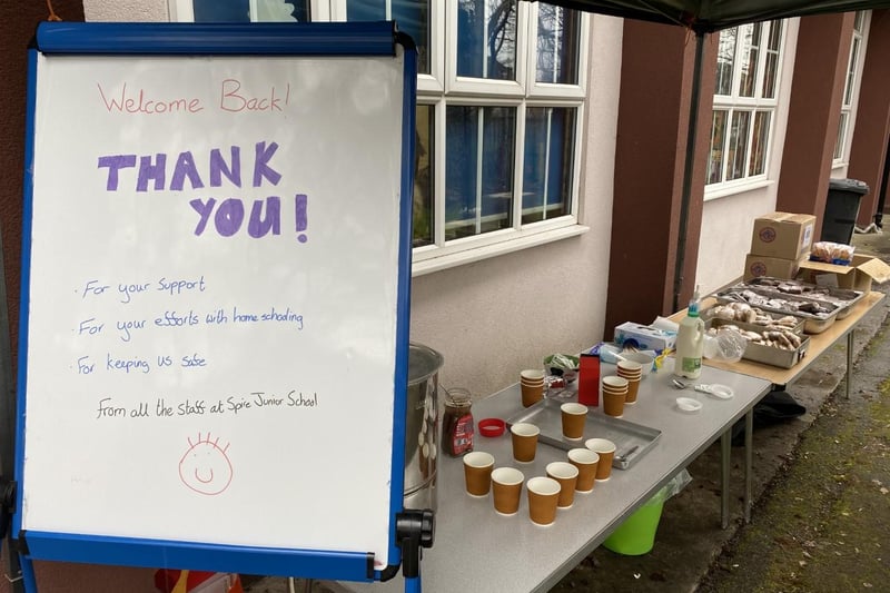 Spire Junior School offered a takeaway 'cuppa and cake' to families on Monday as a 'thank you' for their support during lockdown