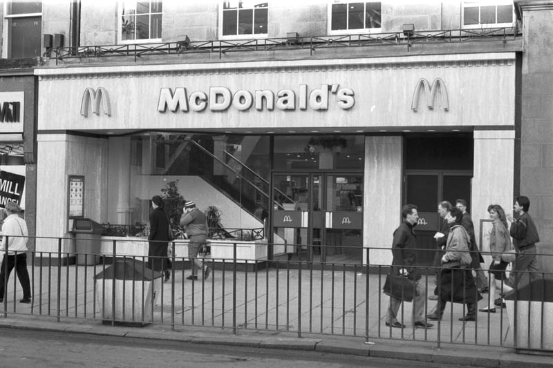 McDonald's fast food takeaway and restaurant in Princes Street Edinburgh, March 1989.