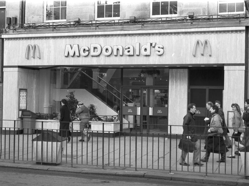 McDonald's fast food takeaway and restaurant in Princes Street Edinburgh, March 1989.