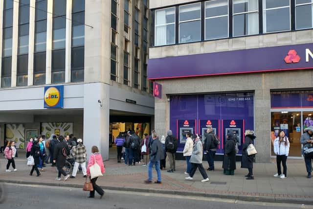 Shoppers queued outside a new Lidl in Sheffield city centre today on its opening day