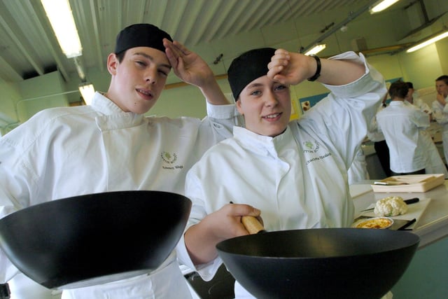 Year 10 pupils Edward Waga and Charlotte Haslam cooking in the technology room at Tapton School in 2006