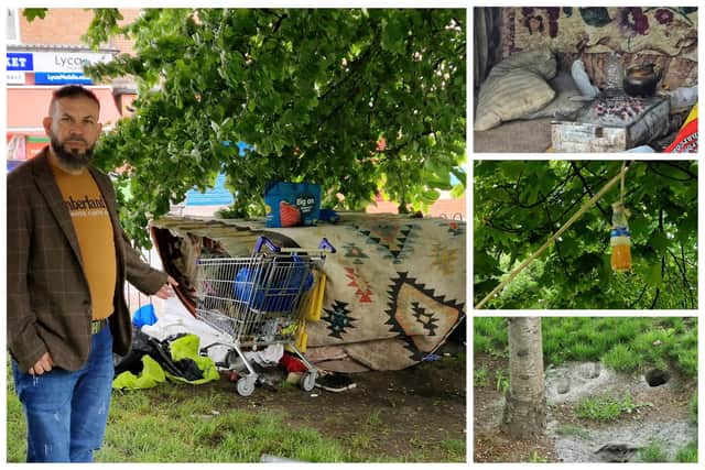 Pictures of Sheffield councillor Mustafa Ahmed at the rough sleeping encampment in Ellesmere Green, Sheffield in May. It was removed today, August 18. Pictures: Alastair Ulke