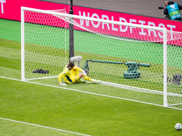 Scotland's David Marshall is left tangled in the Hamden Park Patrick Schick's stunning strike for Czech Republic during Scotland's opening game of Euro 2020.