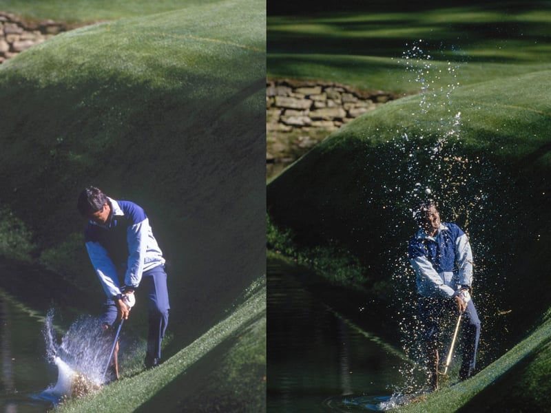 Seve was fantastic for trying any shot. He tried this one from Rae's Creek during the 1989 Masters but, though the ball emerged, it did not escape and was again submerged. But he gave me a great picture!