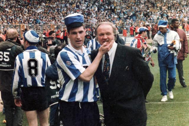 Nigel Pearson and Ron Atkinson celebrate Sheffield Wednesday's Rumbelows Cup win over Manchester United at Wembley in April 1991.