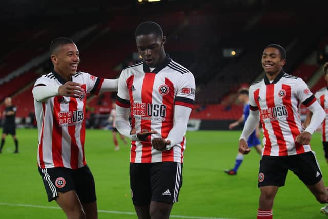Femi Seriki of Sheffield United celebrates scoring: Simon Bellis/Sportimage