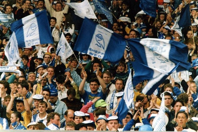 Sheffield Wednesday supporters at the Rumbelows League Cup Final against Manchester United , Wembley Stadium. Owls won the trophy. Picture: Sheffield Newpapers / Picture Sheffield