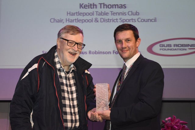Keith Thomas was presented with his Lifetime Achievement Award by Shaun Hope, assistant principal at Hartlepool College of Further Education.