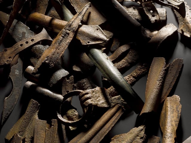 This hoard of swords and spears were burnt and bent before being  thrown in Duddingston Loch. Bronze Age warriors may have been deliberately sacrificing their weapons, perhaps as offerings to the gods. PIC: NMS.
