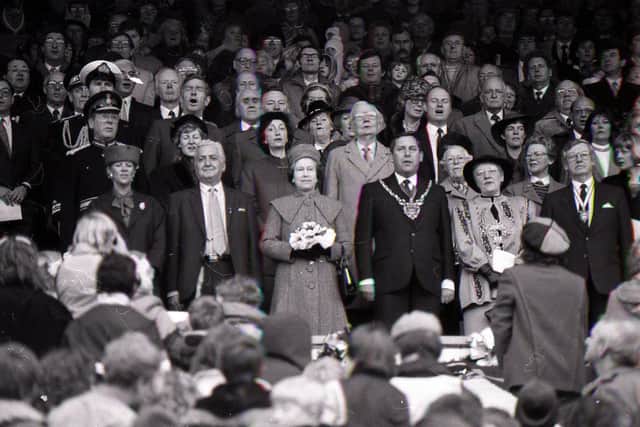 Her Majesty the Queen pictured on a visit to Hillsborough in 1986 for the opening of the roofed Kop.
