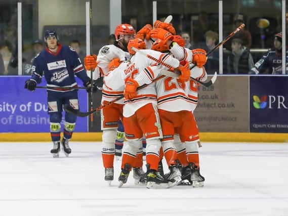 Goal celebration for Steelers at Dundee. Picture by Derek Black