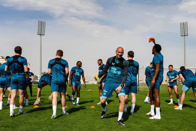 RIYADH, SAUDI ARABIA - DECEMBER 05: Jonjo Shelvey celebrates after winning a warm up game during the Newcastle United Training Session at the Al Hilal FC Training Centre on December 05, 2022 in Riyadh. (Photo by Serena Taylor/Newcastle United via Getty Images)