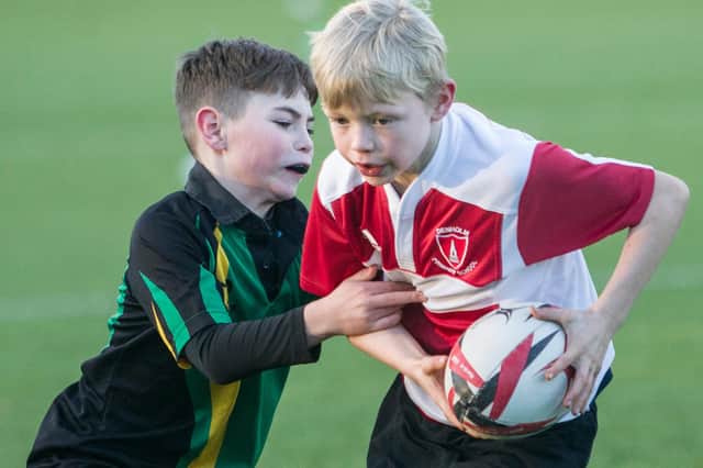 Denholm's John Jeffrey in action at Hawick's latest primary school rugby festival