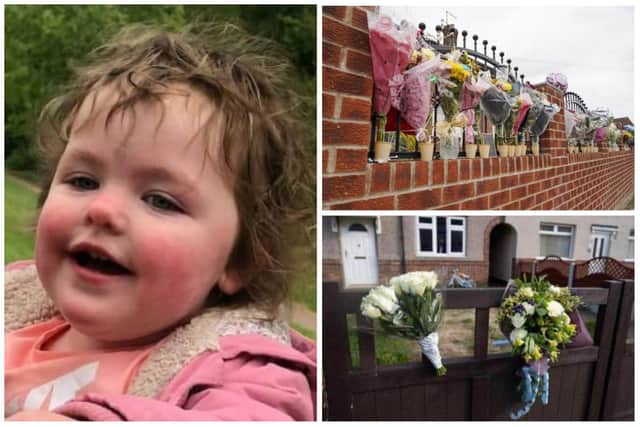 Alice Stones, aged four, died in a dog attack earlier this week. Floral tributes (top right and bottom right) were pictured outside the homes of recent dog attack victims in South Yorkshire