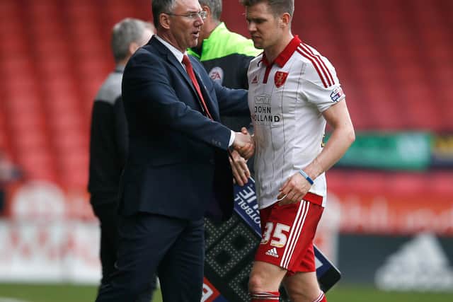 Then Sheffield United manager Nigel Adkins with Dean Hammond. Simon Bellis/Sportimage