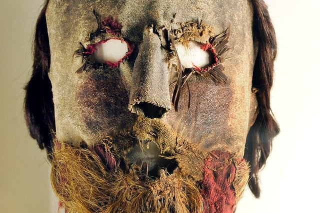 This frightening-looking mask was worn as a disguise by the outlawed Covenanting minister Alexander Peden. The mask is made from leather and fabric. The beard and wig are probably made from real human hair.