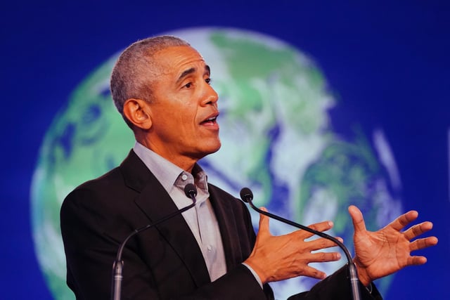 Former US president Barack Obama gives a speech during the Cop26 summit at the Scottish Event Campus (SEC) in Glasgow.