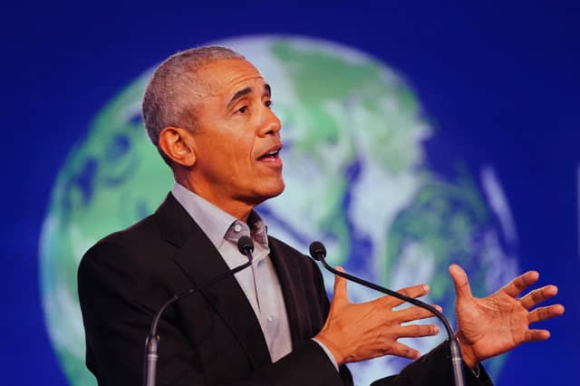 Former US president Barack Obama gives a speech during the Cop26 summit at the Scottish Event Campus (SEC) in Glasgow.