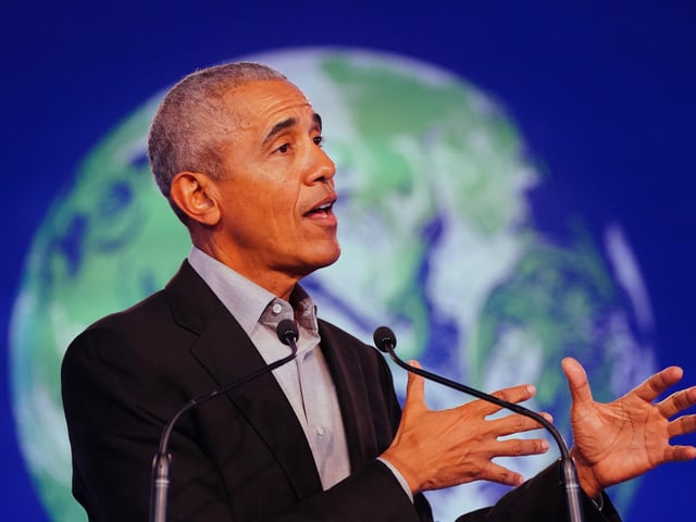 Former US president Barack Obama gives a speech during the Cop26 summit at the Scottish Event Campus (SEC) in Glasgow.