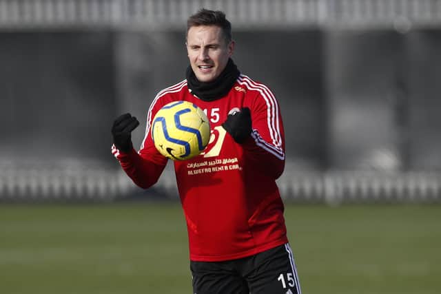 Phil Jagielka during training with Sheffield United, who hope to return to Premier League action next month: Simon Bellis/Sportimage