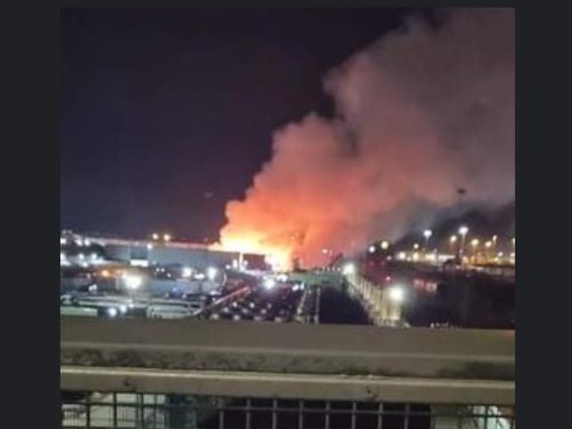The scene of the  blaze at Balby Carr Bank recycling site, this evening.