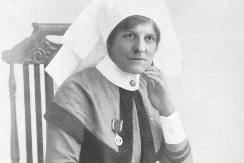 Mary Agatha Brown, holder of the Military Medal and entitled to wear three blue service chevrons, pictured in 1919. She joined Queen Alexandra's Imperial Military Nursing Service (Reserve) in 1914. She served in hospitals in Lillers, St. Omer, Le Treport and Dieppe. She was awarded the Military Medal in 1918 for bravery and devotion to duty during a bombing raid. Ref no: y02654