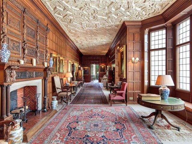 The principal reception rooms are located on the first floor all leading from the gallery which was restored by the 14th Earl and Countess.