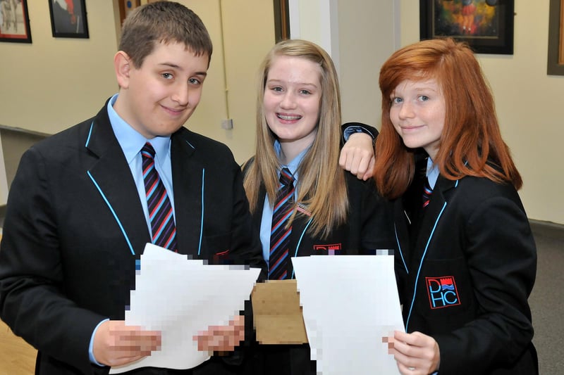 Dyke House Sports and Technollogy College students (left to right) Lewis Robinson, Beth Scott and Kathryn Smurthwaite with their GCSE results in 2012.