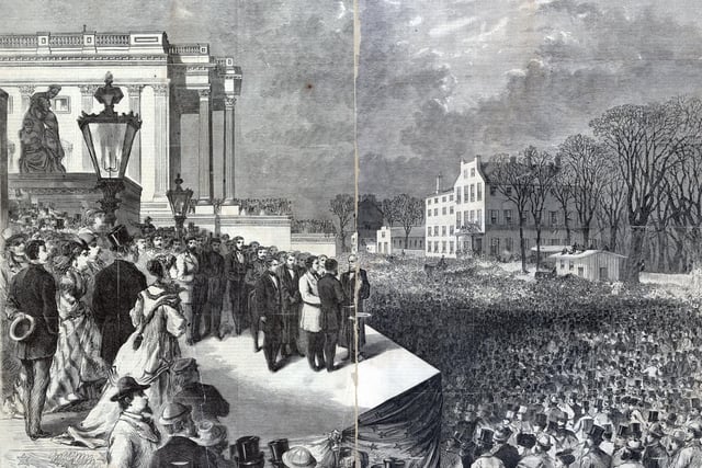 Ulysses S. Grant and Schuyler Colfax taking the oath of office administered by Chief Justice Salmon P. Chase on the east portico of the U.S. Capitol in Washington, D.C, 1869