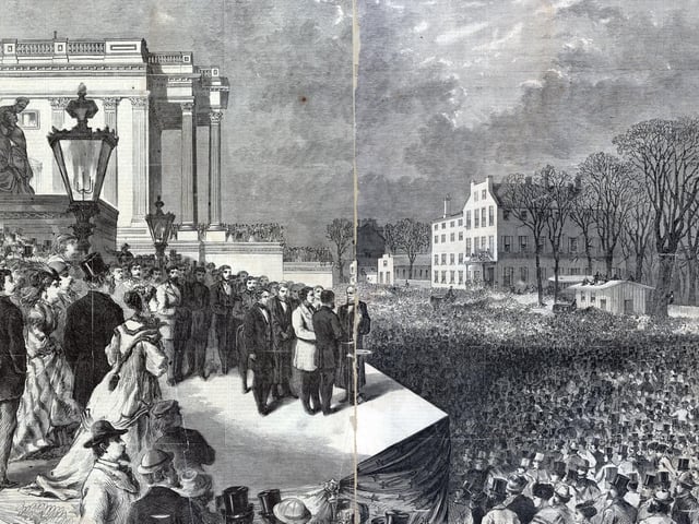 Ulysses S. Grant and Schuyler Colfax taking the oath of office administered by Chief Justice Salmon P. Chase on the east portico of the U.S. Capitol in Washington, D.C, 1869