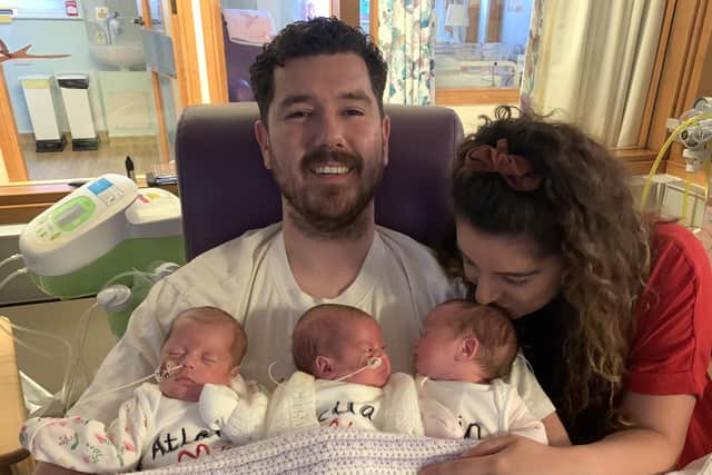Jamie and Giorgia hold their babies for the first time on Father's Day (June 18) at Chesterfield Royal Hospital.