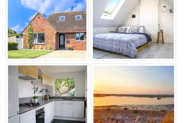 A collage of images of the West Wittering property up for grabs, Sea Mist, and its location. Top row, an exterior view and one of its bedrooms and, bottom row, the kitchen and nearby West Wittering beach.