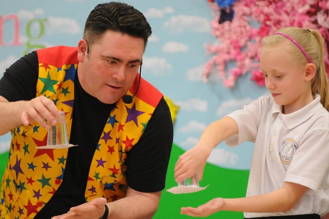 Magic Andrew performs science tricks for pupils at Hebburn Lakes Primary School and here he is in 2014.