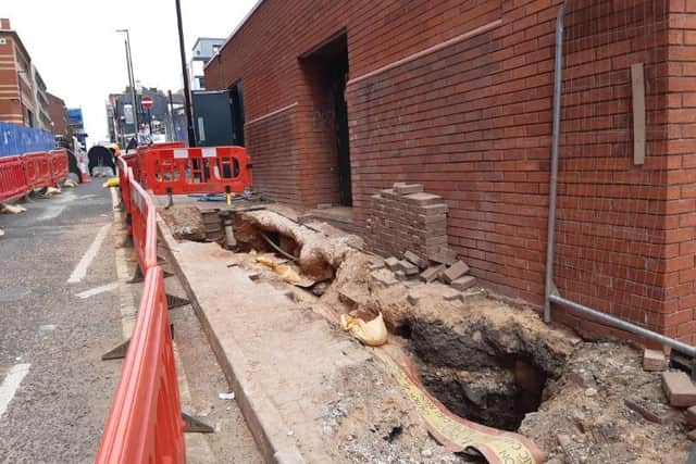PIcture shows work on trench for pipes and cables linking to the new public toilets from Rockingham Street, as the latest update on the scheme is unveiled