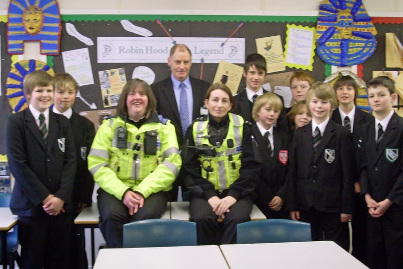 Staveley Safer Neighbourhood Team are holding informal sessions at Netherthorpe School Netherthorpe pupils with PCSO Sue Cooke, PC Sarah Gerrard and head teacher Alan Senior in 2010
